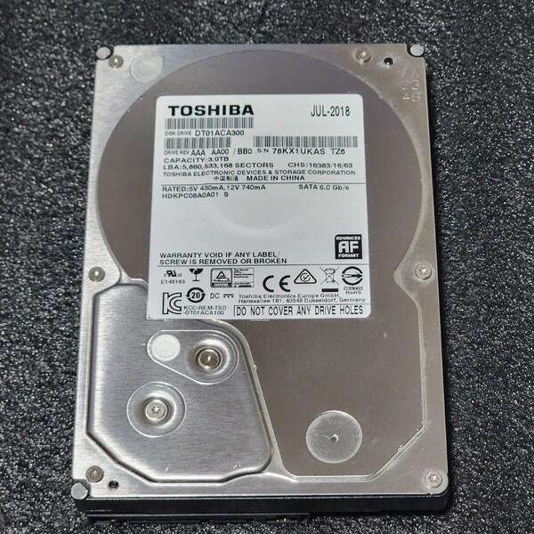 【送料無料】TOSHIBA DT01ACA300 3000GB/3TB 3.5インチ内蔵HDD 2018年製 フォーマット済み 正常品 PCパーツ 動作確認済