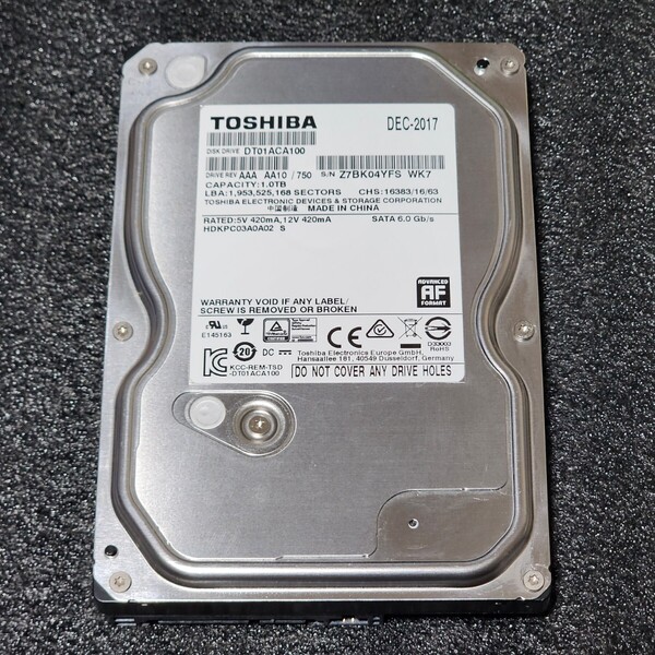 【送料無料】TOSHIBA DT01ACA100 1000GB/1TB 3.5インチ内蔵HDD 2017年製 フォーマット済み 正常品 PCパーツ 動作確認済