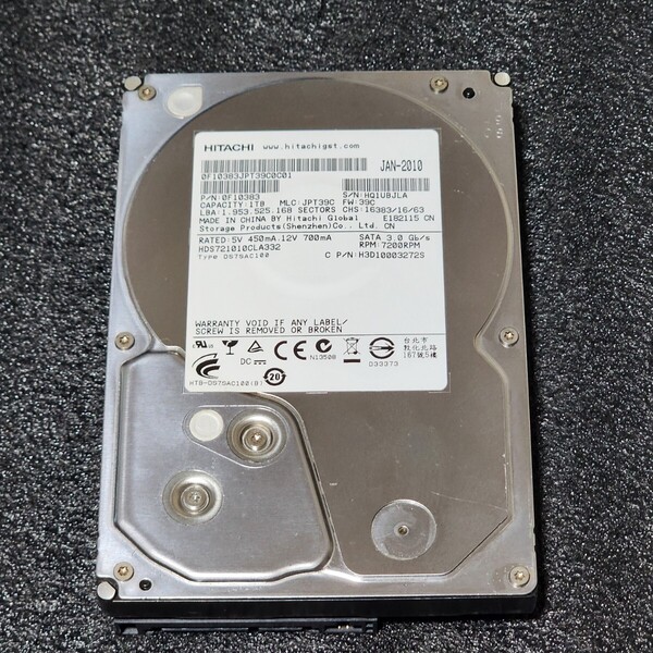 【送料無料】Hitachi HDS721010CLA332 1000GB/1TB 3.5インチ内蔵HDD 2010年製 フォーマット済み 注意判定 PCパーツ 動作確認済
