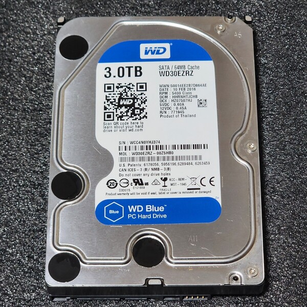 【送料無料】WesternDigtal WD Blue WD30EZRZ-00Z5HB0 3TB 3.5インチ内蔵HDD 2016年製 フォーマット済み 正常品 PCパーツ 動作確認済