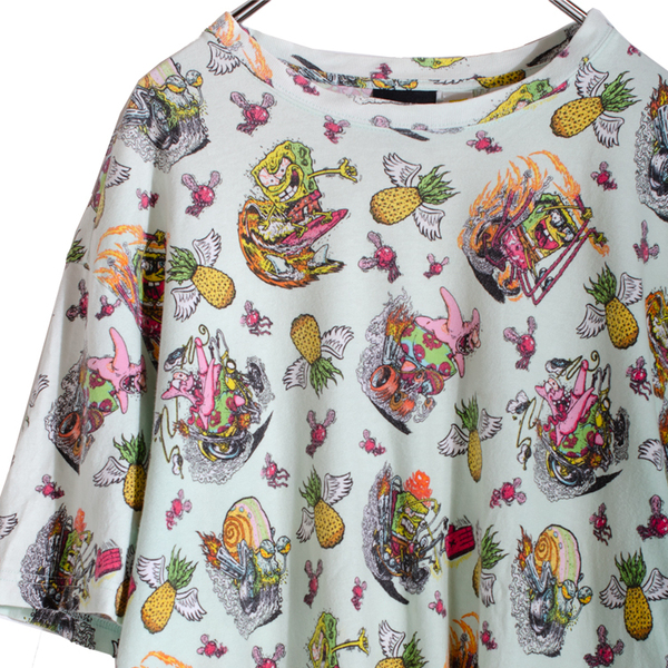 H&M スポンジボブ 半袖Tシャツ XLサイズ グリーン系 コラボ 総柄 大きいサイズ ゆるダボ ストリート レア カタツムリ パイナップル
