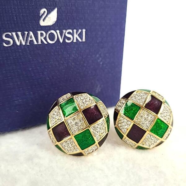 /極美品/SWAROVSKI スワロフスキー イヤリング クリップ式 市松模様