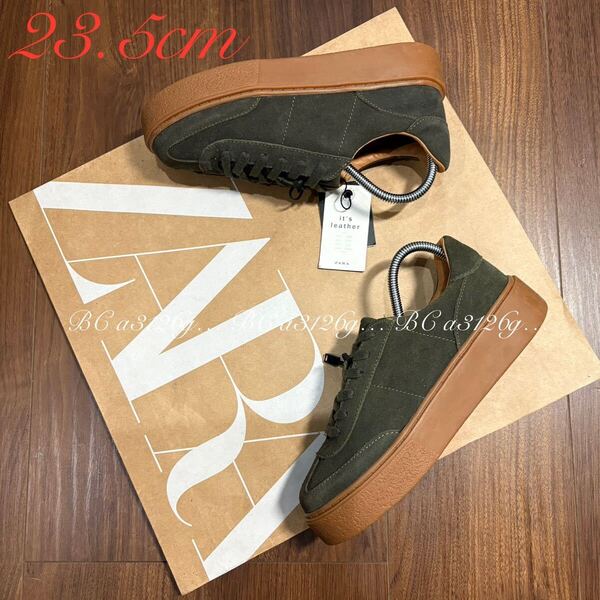 新品 ZARA 厚底 LEATHER SHOES 23.5cm 36 KHAKI レディース ザラ 本革 スウェード スニーカー シューズ 脚長 細見え 7711/101/032 タグ付き