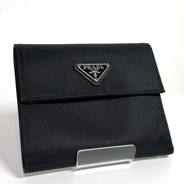 PRADA プラダ 折り財布 ミニウォレット カードケース コインケース ナイロン レザー 三角プレート ユニセックス ブラック 黒 革小物