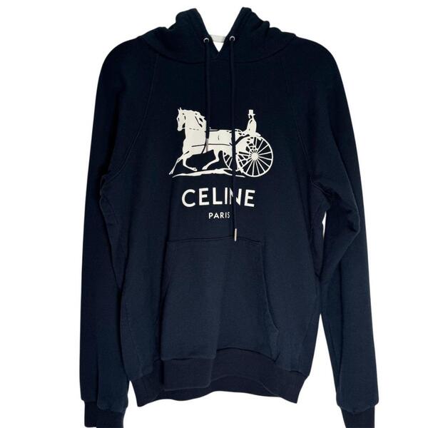 セリーヌ CELINE カシミヤ コットン パーカー トレーナー スウェット サルキー ロゴ プリント フーディ プルオーバー 馬車 ネイビー