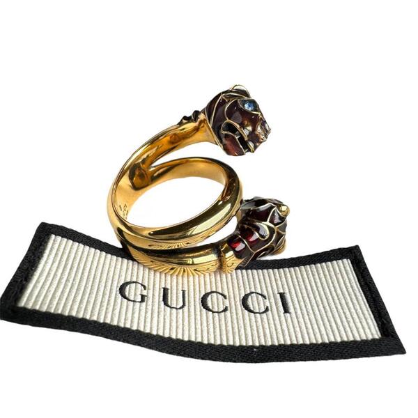 希少 GUCCI グッチ ダブルタイガーヘッド リング 指輪 ゴールド 14号 メンズ レディース ユニセックス パンサー メタル メンズ レディース