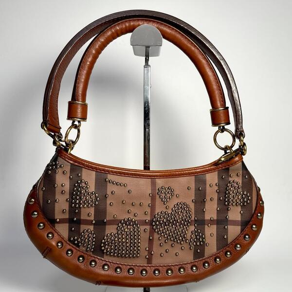 超希少 BURBERRY バーバリー 2WAY ハートスタッズ チェック バッグ ショルダーバッグ ハンドバッグ 本革 レディース ヴィンテージ 肩がけ