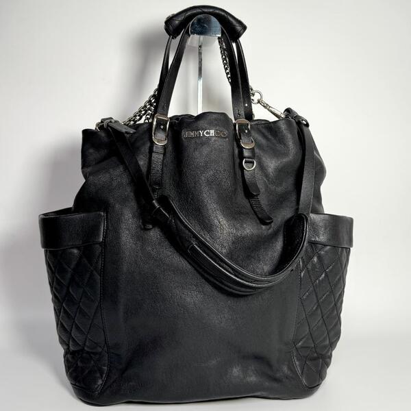 JIMMY CHOO ジミーチュウ 2way ショルダーバッグ レザー 肩がけ ハンドバッグ ブラック 黒 トートバッグ バイカーチェーン キルトレザー