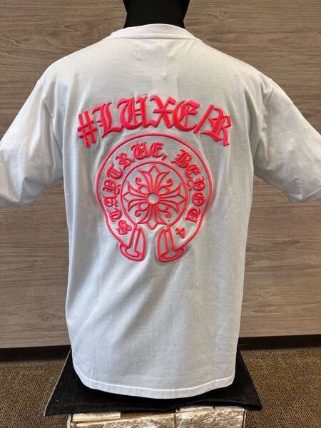 LEXE/R ラグジュ スポーツ Tシャツ 半袖 メンズ 白×ピンク Mサイズ 男女兼用 ホースシュー 刺繍 天竺素材 クルーネック