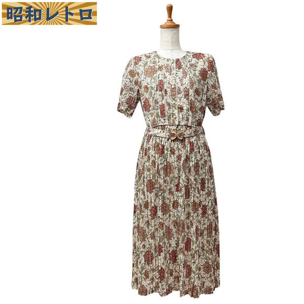 【昭和レトロ】半袖ワンピース/プリーツスカート/総柄/古着/ヴィンテージ/60'70'/No.1561