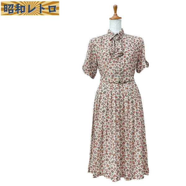 【昭和レトロ】半袖シャツ風ワンピース/総柄/ベルト付き/11号/古着/ヴィンテージ/60'70'/No.1580