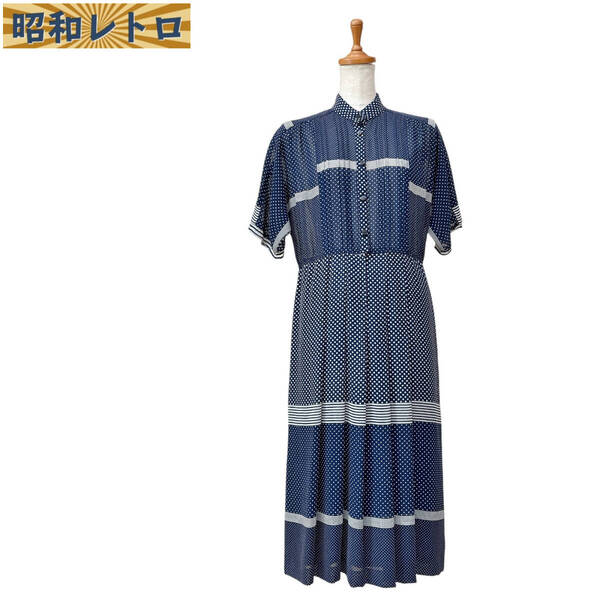 【昭和レトロ】半袖ワンピース/ドット柄/ボーダー/古着/ヴィンテージ/60'70'/No.1581