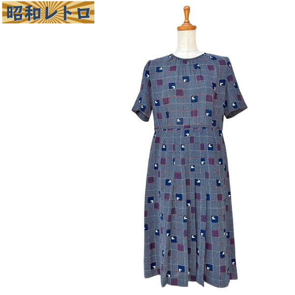 【昭和レトロ】半袖ワンピース/総柄/オンワード樫山/14号/古着/ヴィンテージ/60'70'/No.1591