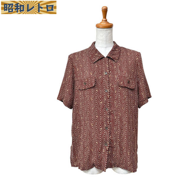 【昭和レトロ】半袖ブラウス/シャツ/ジグザグ柄/フリー/古着/ヴィンテージ/60'70'/No.1605