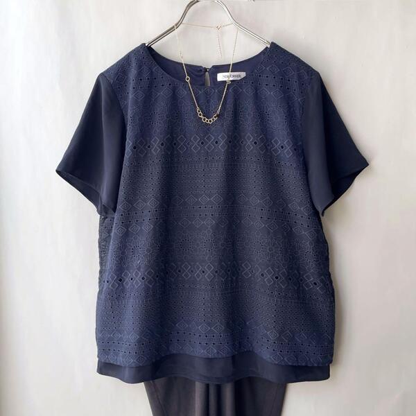 美品 ニューヨーカー 11号 カットワーク刺繍 半袖ブラウス カットソー レディース サイズL 紺 ネイビー