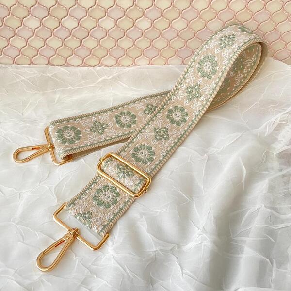 ショルダーストラップ 単品 花柄刺繍(グリーン×ベージュ)太め ショルダーベルト バッグ用 付け替え 5cm幅広 エスニック