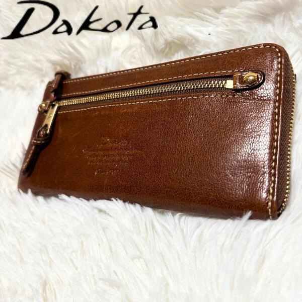 【未使用級】Dakota ダコタ モデルノ L字ファスナー 長財布 レザー 茶色 ロゴ型押し ロゴ刻印 ゴールド金具 ロングウォレット 小銭入れあり