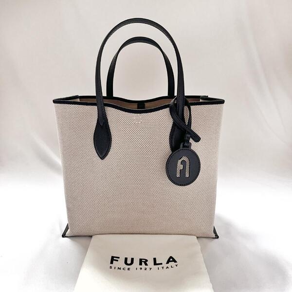 <超美品!!>■FURLA フルラ ERA ハンドバッグ トートバッグ キャンバス×レザー 上品コーデ 普段使い エクリュ×ブラック 管:K-2506125