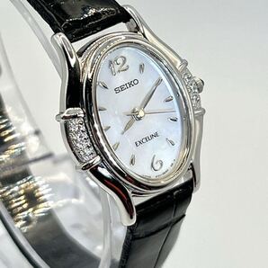 新品電池 SEIKO セイコー 時計 エクセリーヌ レディース オーバル 6Pダイヤ 黒 ブラック 純正ベルト レザー シェル文字盤