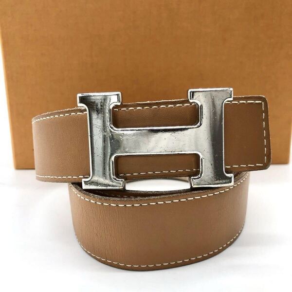 高級/大人気 エルメス HERMES ベルト コンスタンス Hバックル シルバー キャメル ブラウン系 80サイズ H刻印 レザー
