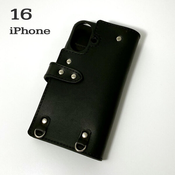 手帳型ケース iPhone 16 用 レザー スマホケース スマホショルダー ハードケース 携帯 革 本革 黒