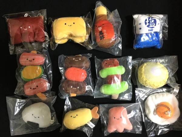 にっこりーノ ぬいぐるみ12個セット ★ 送料無料 バーベキューのぬいぐるみ/お弁当のぬいぐるみバッジ/調味料のぬいぐるみ など
