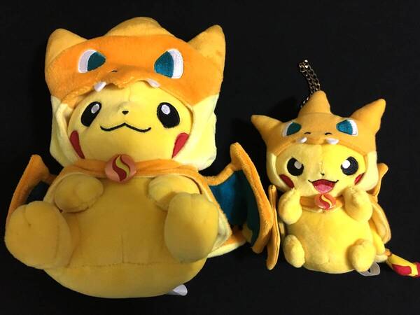 ポケモンセンター限定 メガリザードンYのポンチョを着たピカチュウ ぬいぐるみ & 口開け ぬいぐるみキーホルダー ★ 送料無料