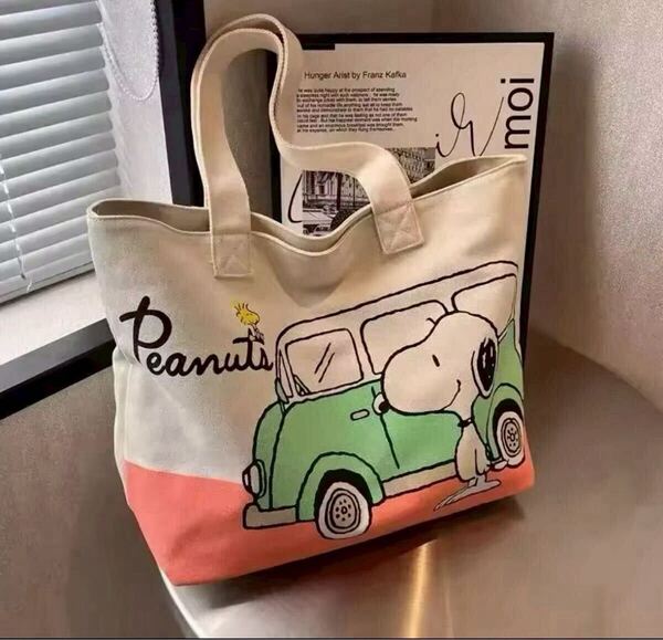 【新品未使用】SNOOPY スヌーピー トートバッグ 車 カー 片面プリント ファスナー付 SNOOPYと車