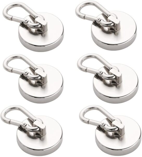 【6個-直径32mm】カラビナ付き磁石 超強力磁石 マグネットフック ネオジム磁石 ステンレス製 防錆