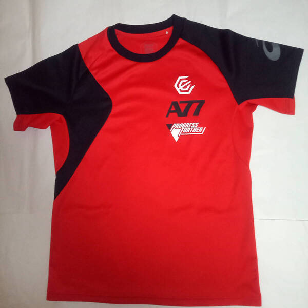 【良品】asics A77 アシックス メンズM 半袖Tシャツ トップス プリント ロゴ ブ赤 黒 レッド ブラック ジム トレーング スポーツウェア