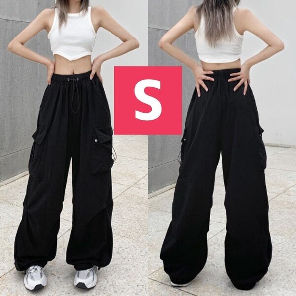 レディース ストリート カーゴパンツ S ゆったり 大きめ カモパンツ 黒