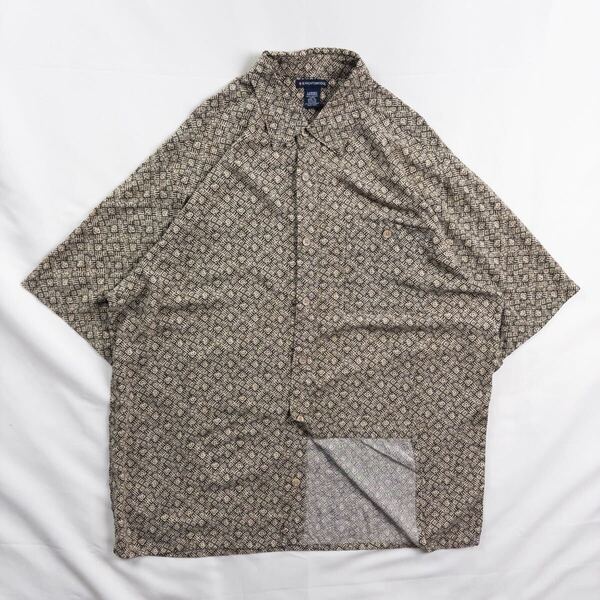 US Vintage 90s KNIGHTSBRIDGE レーヨン100% くすみカラー プリミティブ エスニック 民族 幾何学模様 アート ブロック 総柄 デザインシャツ