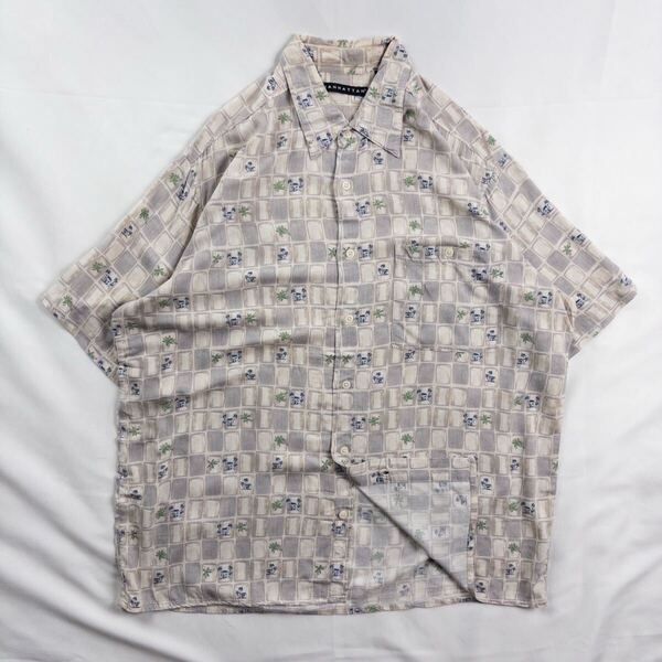 US Vintage 90s MANHATTAN レーヨン100% くすみカラー 水彩 エスニック ブロック リーフ柄 ハワイアン アロハ 総柄 デザインシャツ