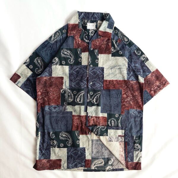 US Vintage BURTON コットン 開襟 オープンカラー 好配色 ペイズリー 民族 エスニック アート 装飾 パッチワーク風 総柄 デザインシャツ