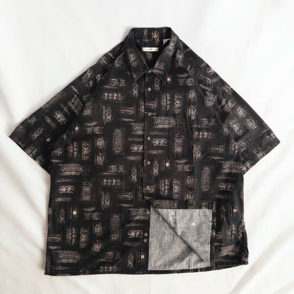 US Vintage 90s? CAMPIA MODA コットン100% くすみカラー プリミティブ エスニック 民族 象形 アート 幾何学模様 総柄 デザインシャツ