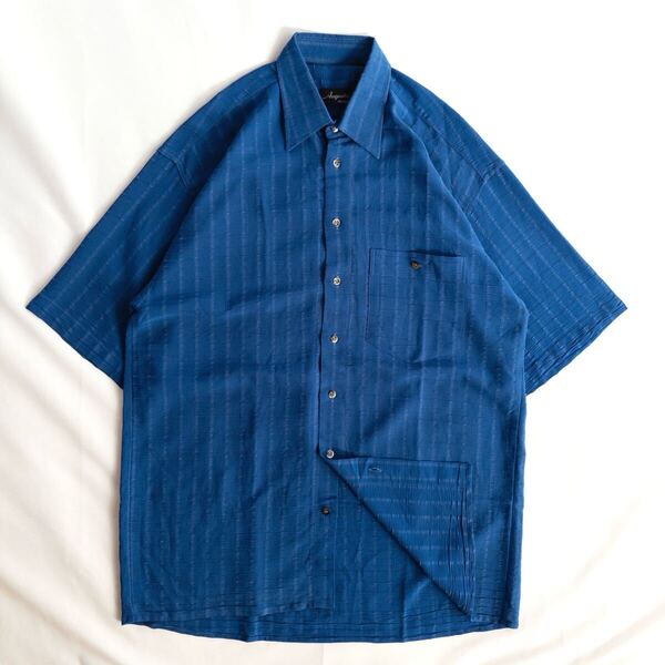 Euro Vintage 00s Augustin ビスコース60% ポリエステル40% 刺繍 立体 3D 格子柄 チェック 単色 ブルー 青 総柄 デザインシャツ ポリシャツ