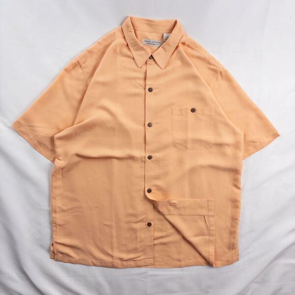 US Vintage 90s ISLAND REPUBLIC レーヨン60% ポリエステル40% 異素材 立体 単色 プレーン 暖色 オレンジ ココナッツボタン デザインシャツ