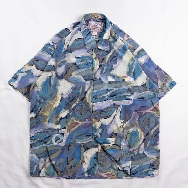 Euro Vintage 80-90s CLOTHING PARCOMOTO シルク 好配色 デザインボタン クレイジーパターン アート 水彩 リーフ ボタニカル 総柄シャツ