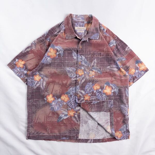 US Vintage 90s Tommy Bahama シルク コットン 開襟 オープンカラー カスリ ハイビスカス リーフ ボタニカル ハワイアン アロハ 総柄シャツ