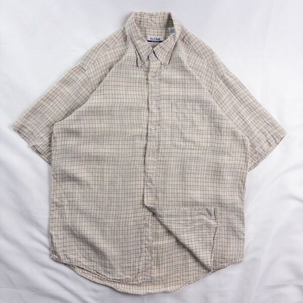 US Vintage 00s Jos.A.Bank SPORTS WEAR リネン100% ボタンダウン 好配色 立体 チェック 格子 総柄 デザインシャツ