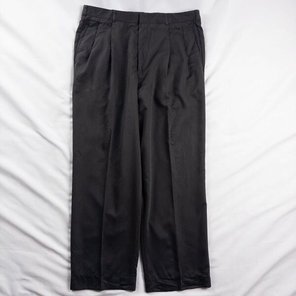 US Vintage 90s DOCKERS EXACT ツイル ツータック ダークグレー 光沢 とろみ ドレープ ワイド ドレス デザインスラックス トラウザーズ