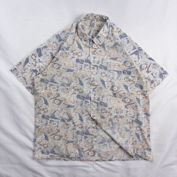 US Vintage 80-90s Unknown コットン くすみカラー 幾何学模様 アート 抽象 アトミック レトロ 総柄 デザインシャツ