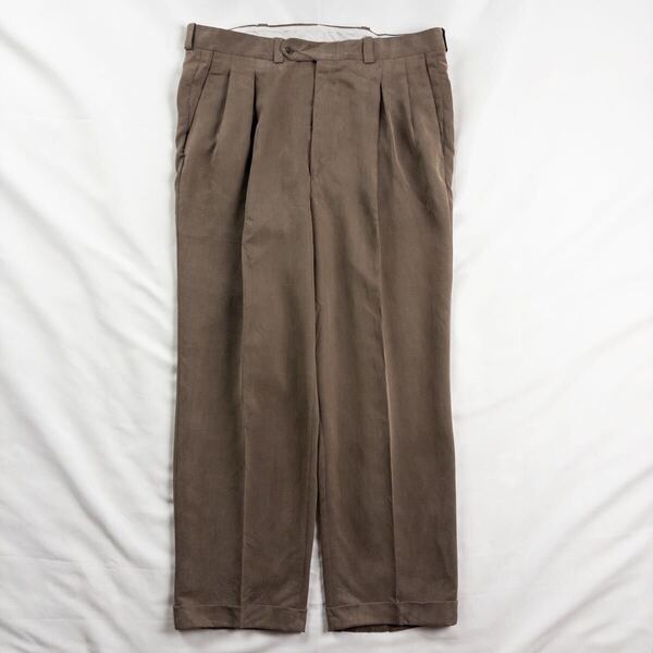 US Vintage カナダ製 80s ASHBRIDGE ツータック 異素材 起毛 光沢 とろみ ドレープ ブラウン ワイド ドレス スラックス トラウザーズ