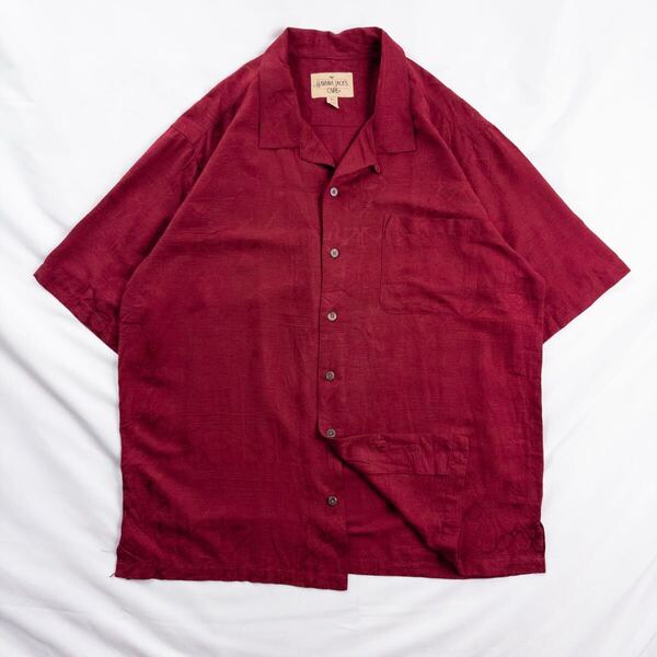 US Vintage 90s HAVANA JACK'S シルク 開襟 レッド 赤 刺繍 立体 光沢 幾何学 エスニック 民族 ハイビスカス ハワイアン アロハ 総柄シャツ