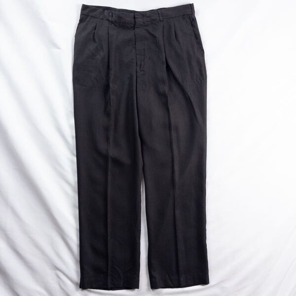 US Vintage アメリカ製 90s HAGGAR ウール ツイル ツータック メランジ ネップ ダークブラウン ワイド ドレス スラックス トラウザーズ