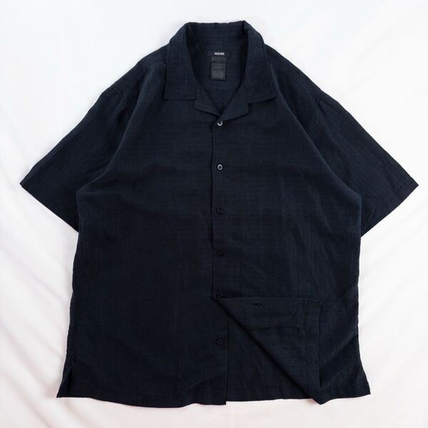 US Vintage 90-00s ALFANI レーヨン ポリエステル 開襟 オープンカラー 立体 刺繍 格子 ブロック 単色 プレーン ブラック 黒 総柄シャツ