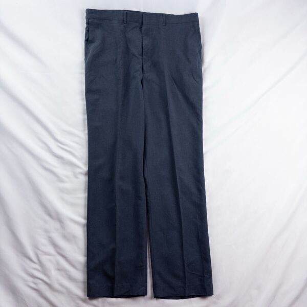 US Vintage 80s HAGGAR ダクロンポリ ウール ノータック カスリ フェード アッシュブルー レトロ ワイド スラックス トラウザーズ
