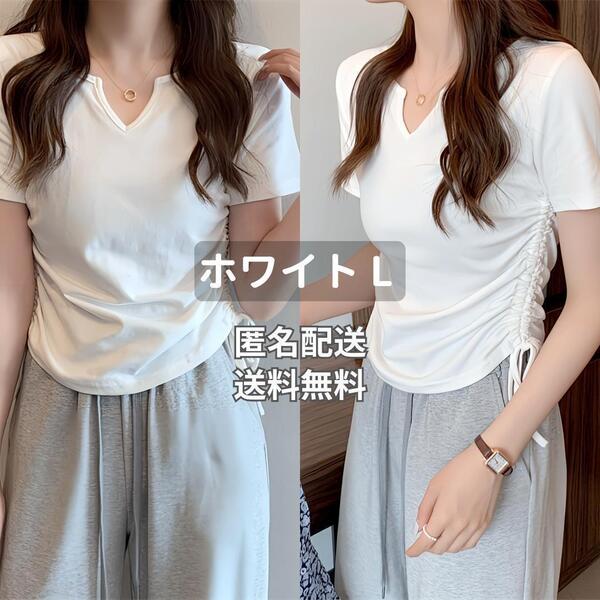韓国風 ショート丈 ドロスト Tシャツ かわいい トップス ホワイト Lサイズ レディース カットソー 半袖