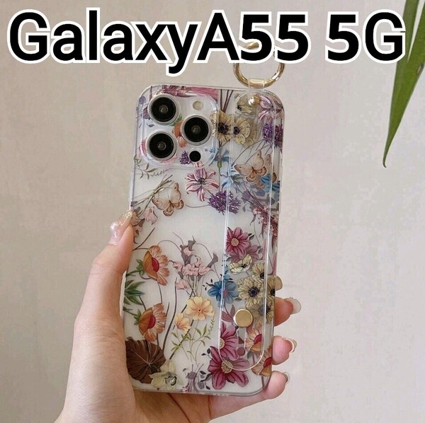 GalaxyA55 5G ケース 花柄 クリア ベルト付き リング Galaxy A55