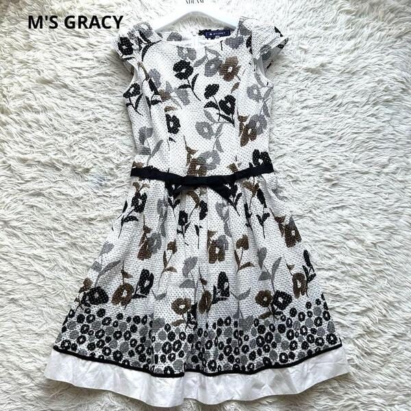 美品 M'S GRACY エムズグレイシー 花柄エアリードレス ワンピース レース ウエストベルト 42 大きいサイズ